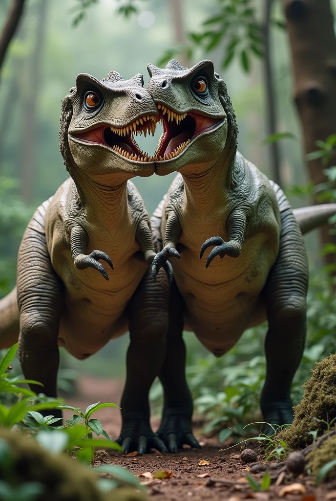 Realistic scene of two Tyrannosaurus rex in a mating posture, with detailed skin textures and a prehistoric jungle background