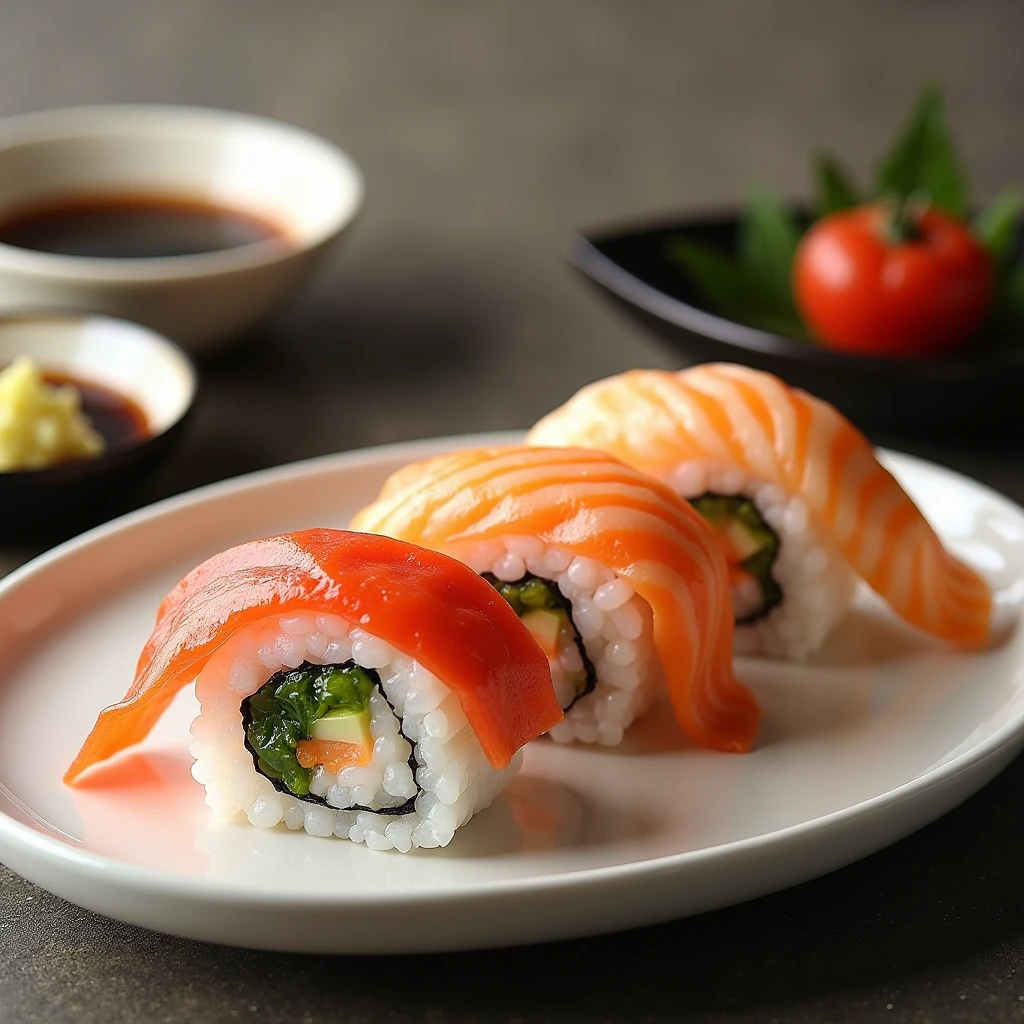 Japanese sushi advertising picture，3 different flavors of sushi neatly placed on the plate，There are miso soup and other side dishes on the side，There are some decorations next to the table.