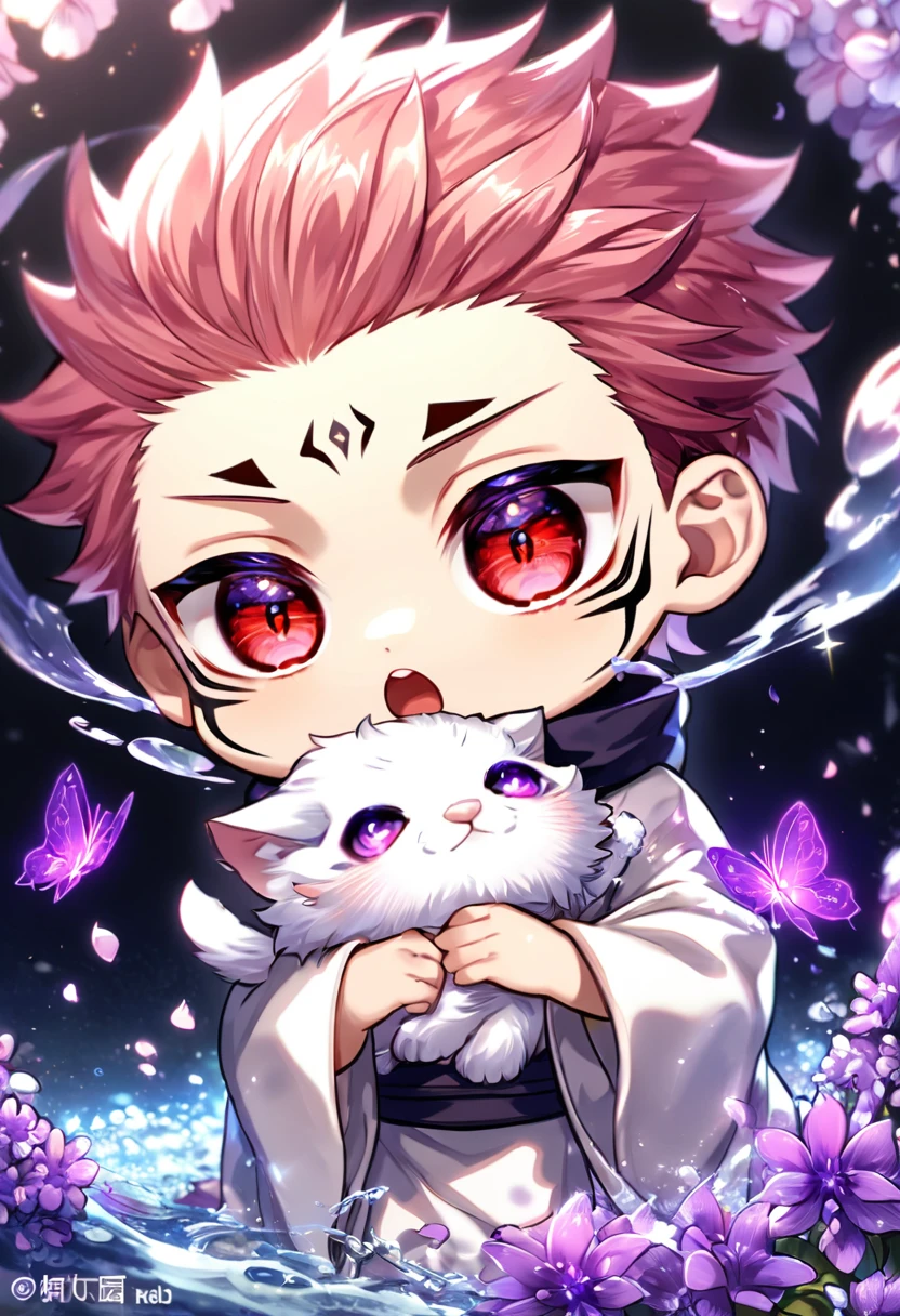 Ultra detailed, HDR, Highres, absurdres, master piece, Ryoumen Sukuna chibi, pink hair, expressive red eyes, white kimono, Jujutsu Kaisen, cute, adorable, holding a white fluffy cat, purple flowers, petals, fantasy, magical, purple leaves, best quality, glittering, water, purple shining fireflies, solo, small purple butterflies,