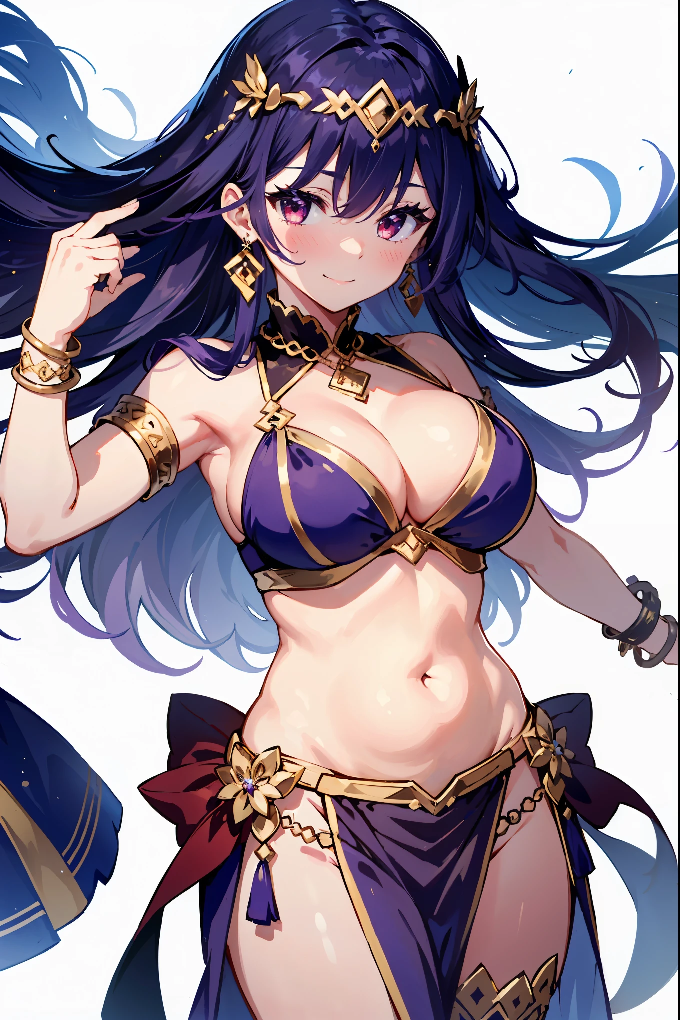 1girl, belly dancer, white background, red eyes, long hair, purple hair, harem outfit, bikini, pelvic curtain, purple costume, circlet, earrings, armlets, bracelets, bashful smile, dancing, large breasts, cleavage, soft stomach