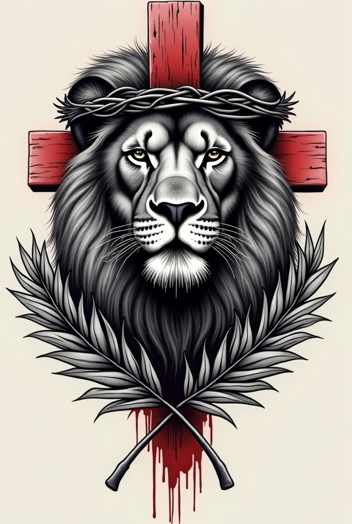 An idea for a tattoo of a lion's head with a red crown of thorns and some crossed palm branches on top and the cross of Jesus Christ superimposed on the entire image, that the lion is realistic and in black and white, the leaves that are black and white, the cross that is covered in blood and that is white and the crown that is red