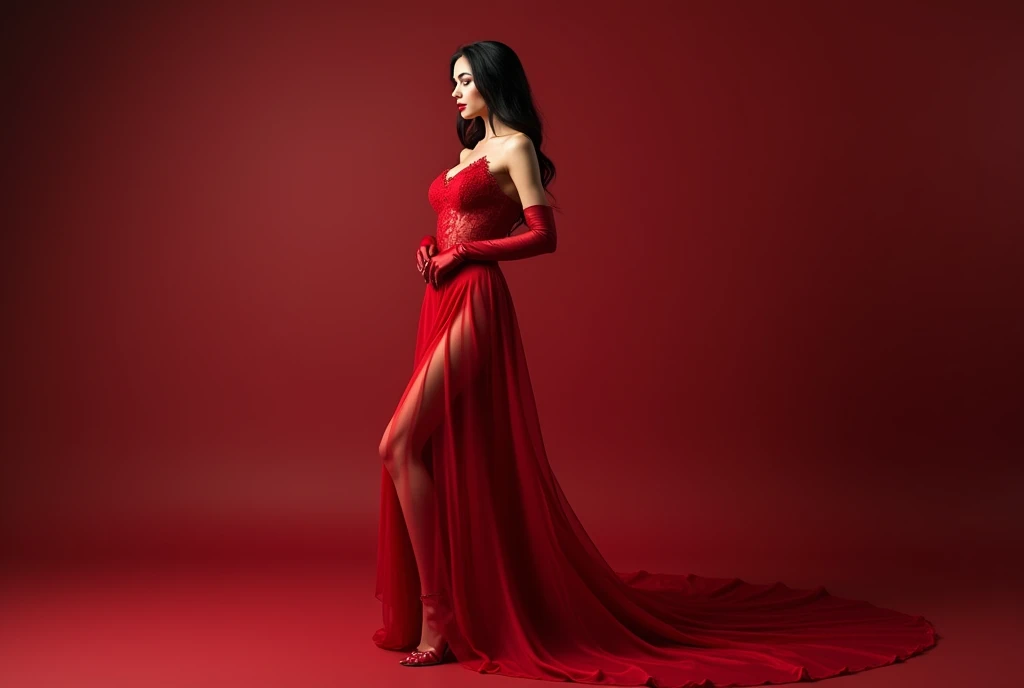 a woman in the sheer red gown, transparent fabric, full body,long black hair,wear satin gloves,?????? on, wear sexy corset, mermaid tight long gown, flowy dramatic long gown, double cloth train ( 4 meter long ),full body pose, random pose,wear high heels, masterpice, 4k resolution, ultra-realistic, highly detail.