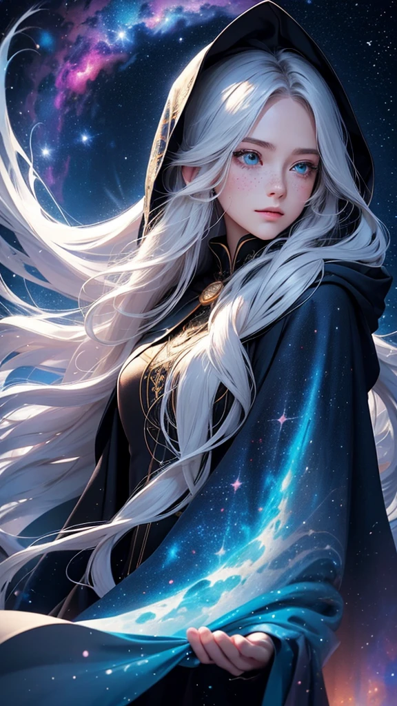 A highly detailed digital illustration of a young woman with long, flowing silver hair, drawn in an anime style. Her hair is gently blowing in the wind, creating a sense of motion and movement. She is wearing a dark hooded cloak adorned with glowing stars and intricate celestial patterns. Her cloak reflects the night sky, with constellations and nebulae blending into the fabric. The woman has bright blue eyes and light freckles on her cheeks. The background is a cosmic scene filled with colorful galaxies, stars, and nebulae, creating a magical and otherworldly atmosphere. The lighting highlights her soft features and gives a mystical glow to her surroundings, with a vibrant, anime-inspired color palette and expressive features.