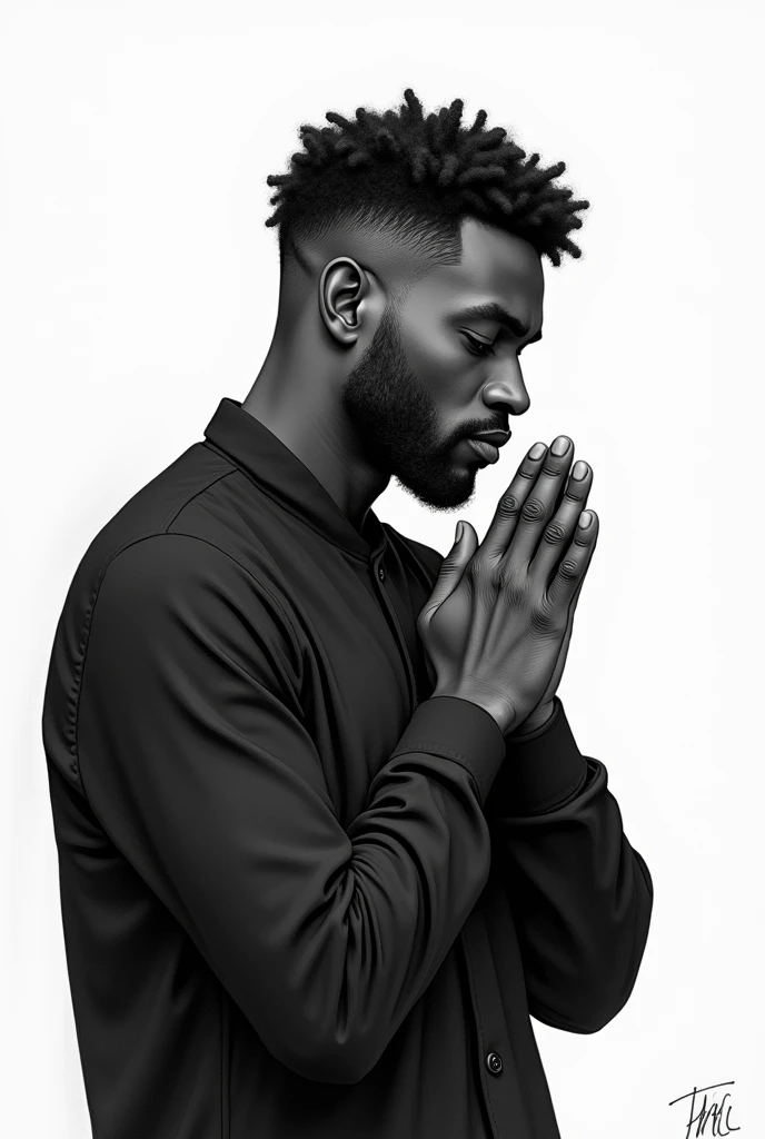 Black man looking straight ahead with head down, small curly hair, making a prayer gesture with just your hand, black leagwear , beardless man, maturemalemix drawing style