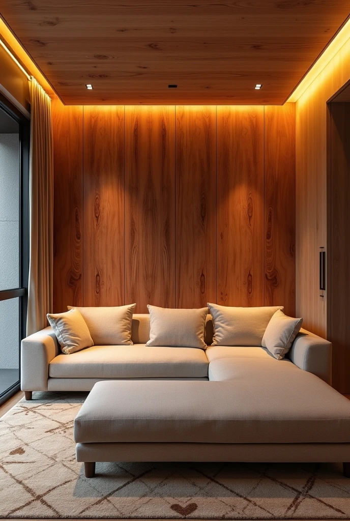 Small living room Rustic MDF sofa and large cushions MDF panel with reddish wood print Ceiling with built-in indirect LED lights
