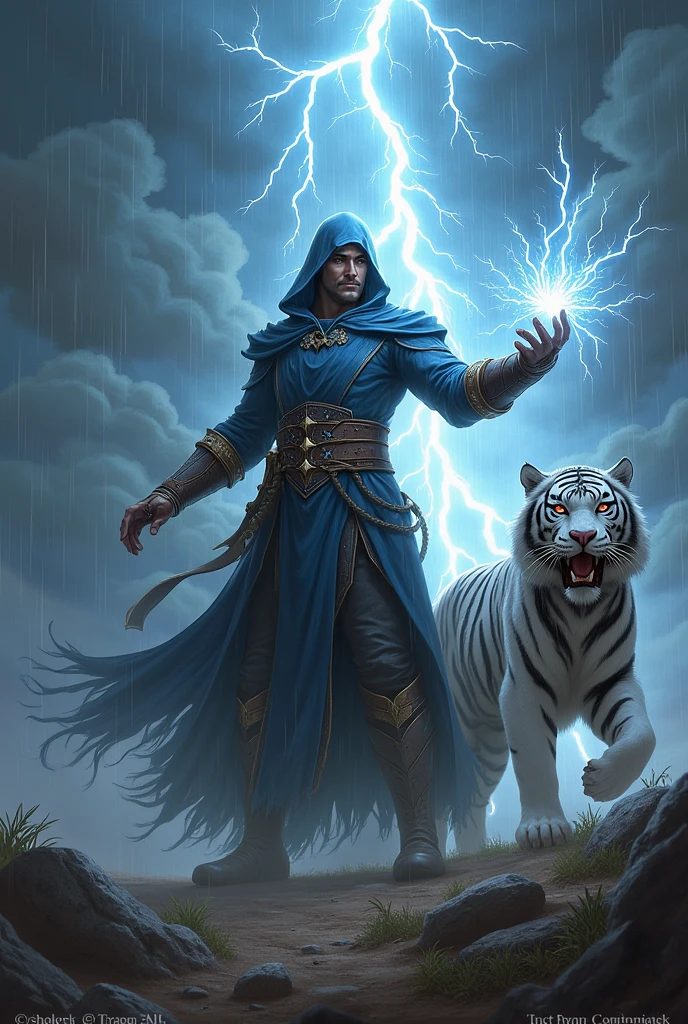 Storm mage wielding a lightning gauntlet controlling thunder storm with white tiger