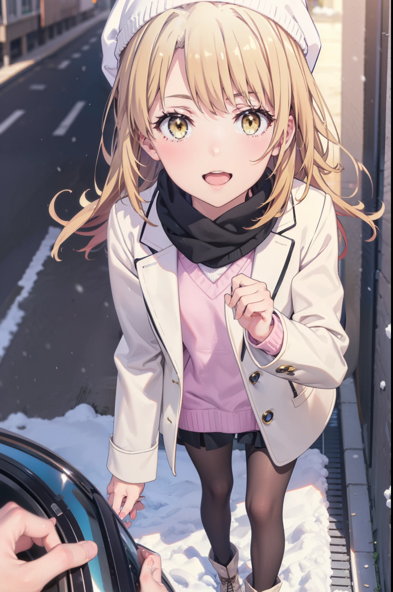 Irohaisshiki, isshiki iroha, Long Hair, Brown Hair, (Brown eyes:1.5), smile,Open your mouth,White Breath,low twin tail,Knitted hat,White scarf,Yellow long coat　Open front,Pink v-neck sweater,Short denim,Black pantyhose,short boots,Walking,snowが降っている,snowが積もっている,moon,night,snow,snow,snow,snow,whole bodyがイラストに入るように,　　　　　　　　　break outdoors, Building district,
break looking at viewer,whole body,
break (masterpiece:1.2), Highest quality, High resolution, unity 8k wallpaper, (figure:0.8), (Beautiful attention to detail:1.6), Highly detailed face, Perfect lighting, Highly detailed CG, (Perfect hands, Perfect Anatomy),