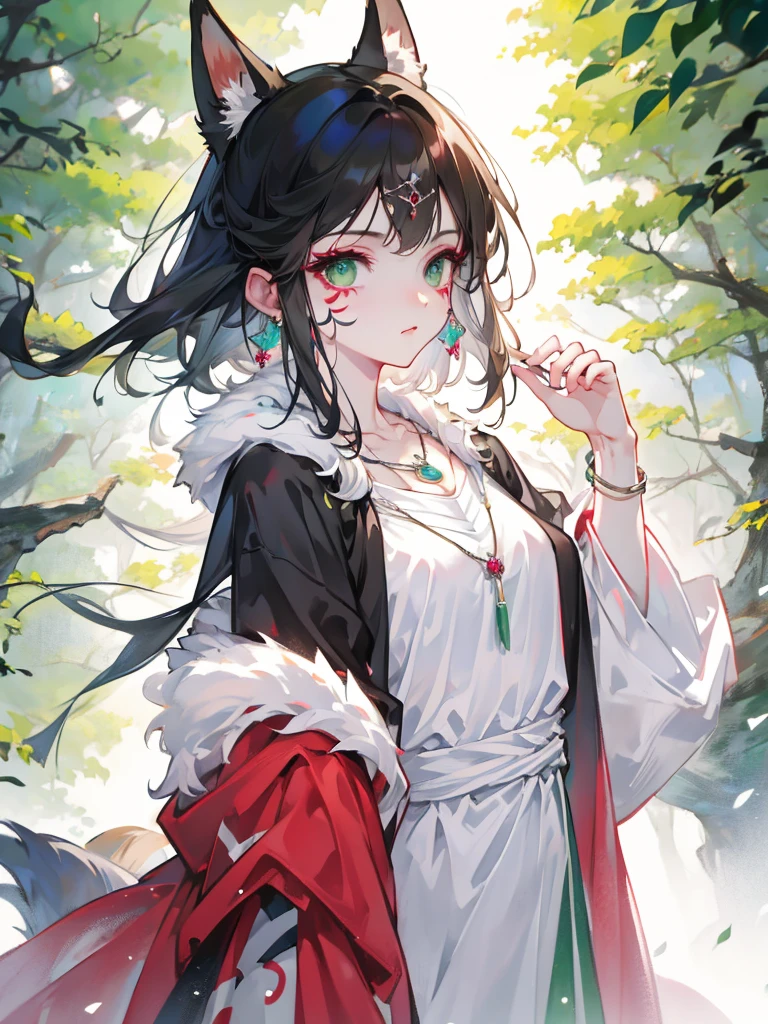 mj3d style,3dmm,3d,(masterpiece, Highest quality:1.1), Ghibli style, Mr. Miss. (mononoke hime), One fox-eared mature woman, Bracelet, bangs, Black Hair, black undershirt, chest, Cape, Circlet, Earrings, Face Paint, Floating Hair, forest, fur Cape, Green Eyes, jewelry, View your viewers, medium chest, nature, necklace, Outdoor, parted bangs, shirt, short hair, No sleeve, No sleeve shirt, alone, tooth necklace, wood, Upper Body, white shirt