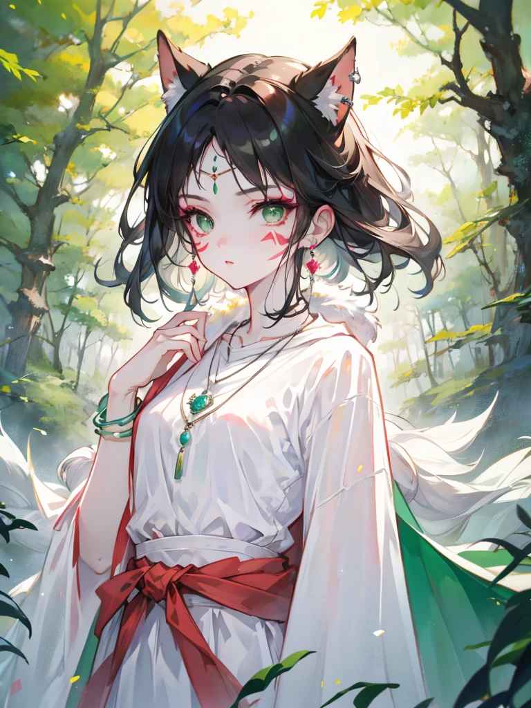 mj3d style,3dmm,3d,(masterpiece, Highest quality:1.1), Ghibli style, Mr. Miss. (mononoke hime), One fox-eared mature woman, Bracelet, bangs, Black Hair, black undershirt, chest, Cape, Circlet, Earrings, Face Paint, Floating Hair, forest, fur Cape, Green Eyes, jewelry, View your viewers, medium chest, nature, necklace, Outdoor, parted bangs, shirt, short hair, No sleeve, No sleeve shirt, alone, tooth necklace, wood, Upper Body, white shirt