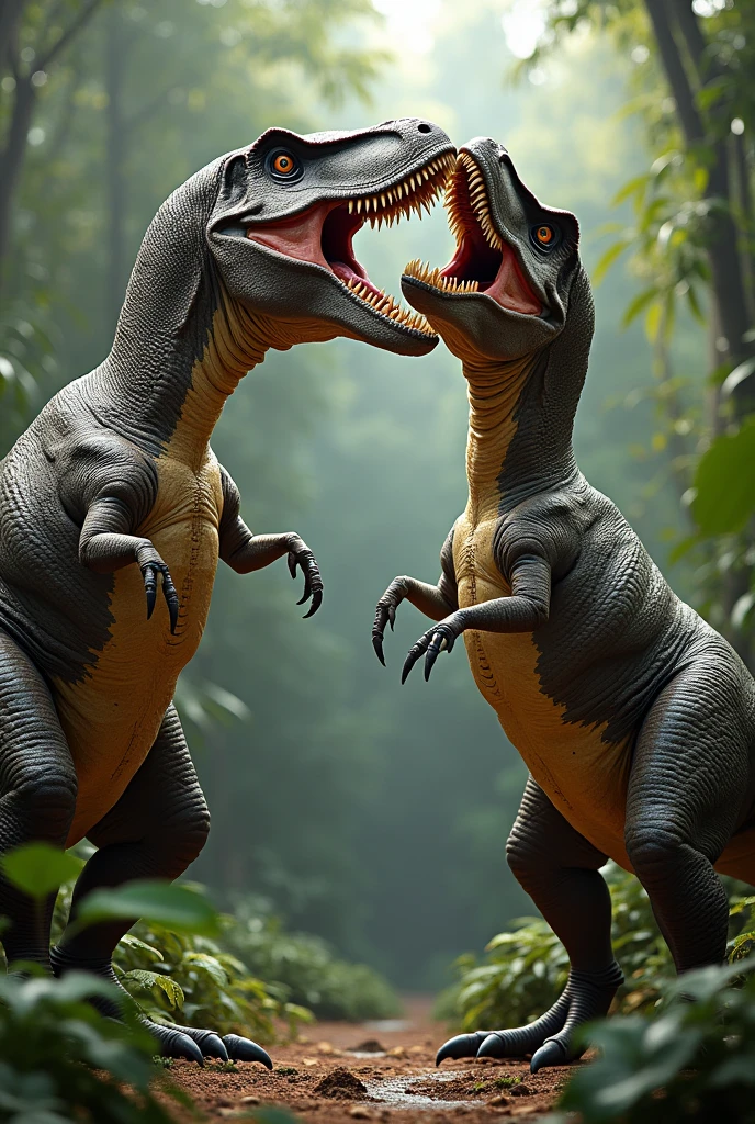Realistic scene of two Tyrannosaurus rex in a mating posture, with detailed skin textures and a prehistoric jungle background
