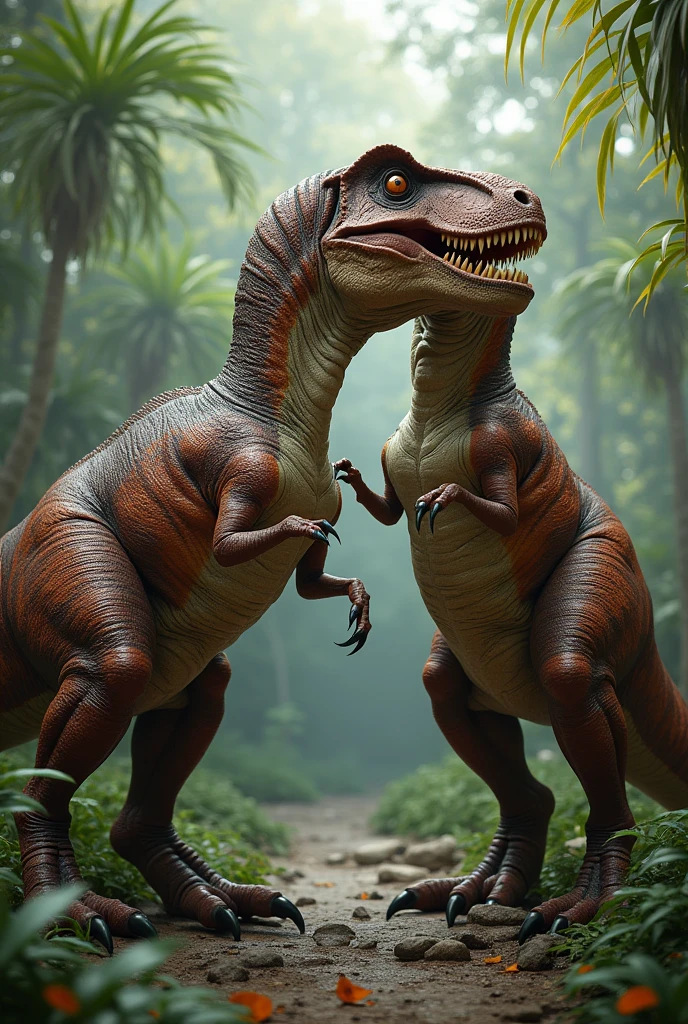 Realistic scene of two Tyrannosaurus rex in a mating posture, with detailed skin textures and a prehistoric jungle background