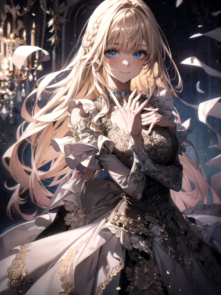 ultra detailed, masterpiece, best quality, solo, soft smile, light smile,
1girl, blue eyes, very long hair, blonde hair, long blonde hair, french braid, bangs, medium breasts,
hair ribbon, frilled choker, criss-cross halter, sleeveless dress, high-waist skirt, backless dress, waist bow, detached sleeves, frilled sleeves, wide sleeves, pantyhose, patterned legwear, mary janes, watercolor, lineart, rough sketch, RGB, chromatic aberration,