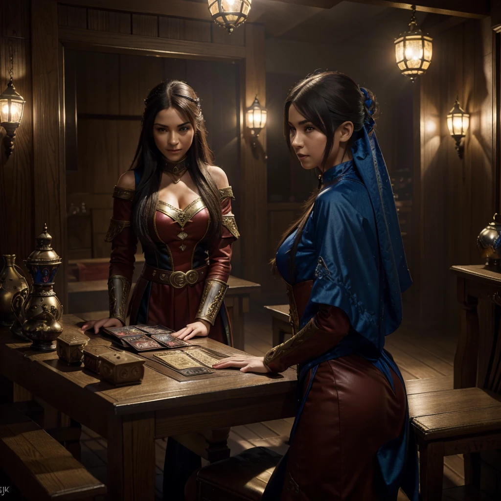 a detailed fantasy card game, 1 player, detailed deck of cards, detailed player character, detailed fantasy background, highly detailed fantasy environment, cinematic lighting, dramatic atmosphere, vibrant colors, dynamic composition, digital art, concept art style, photorealistic, (best quality,4k,8k,highres,masterpiece:1.2),ultra-detailed,(realistic,photorealistic,photo-realistic:1.37)