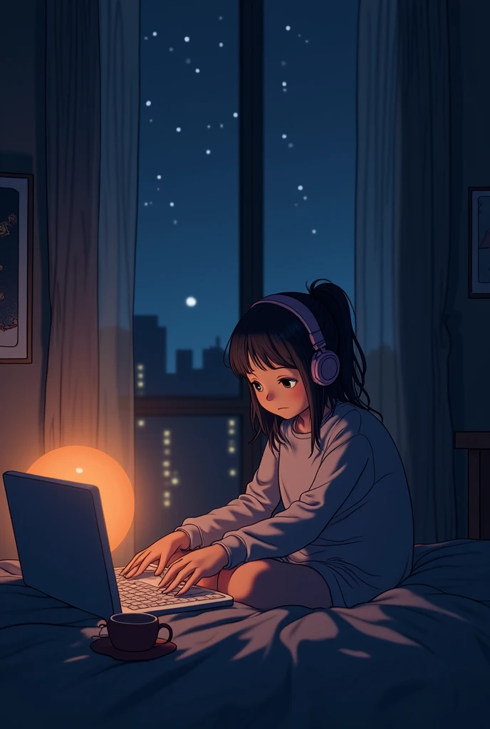 night、Girl listening to music in a cozy room, Using headphones, 2D-style animation, Lo-Fi, hard disk, Dark Environment