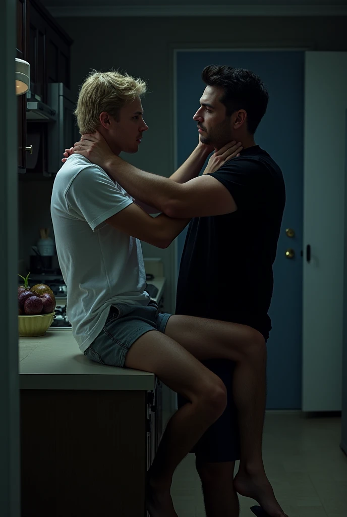 A slender blond man in a white t-shirt and loose shorts sits on the counter with his arms around his neck and his legs behind his waist. A tall man in a black t-shirt and black shorts is standing and pretending to carry someone. In the kitchen, an angled top view, dark and night-like tones, semi-realistic image.