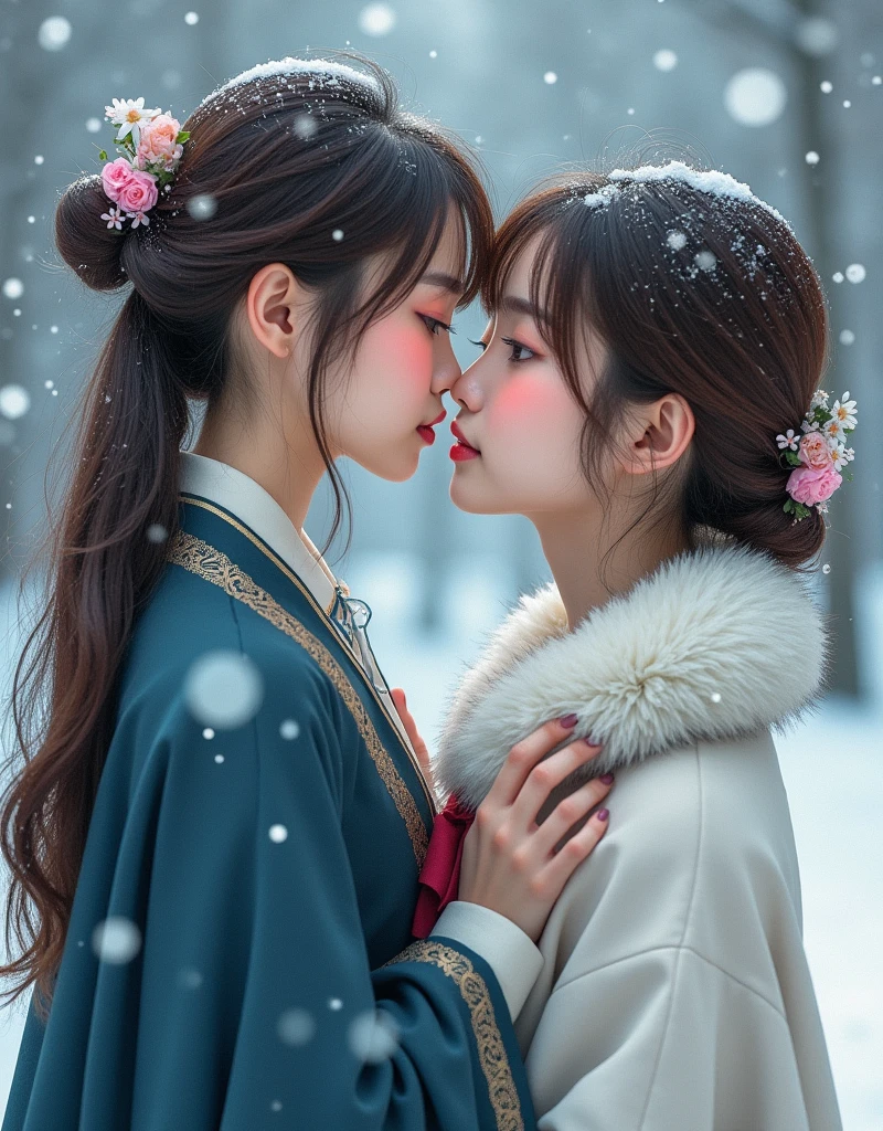 (Best quality, 8K, 32K, masterpiece), (High intaglio printing model),Photorealistic, high resolution, perfect anatomy, perfect hands, (two Japan Women is deeply in love with each other), kiss, (Lolita costume),Gorgeous costumes, Face the audience, (The upper part of the body, upper legs), beautiful eyes, Brown hair, ringed eyes, (outside, Heavy snowfall, Thick fur cloak, Cover with snow), snowfield, Blue eyes, Illustrations of the highest quality, A meticulous face