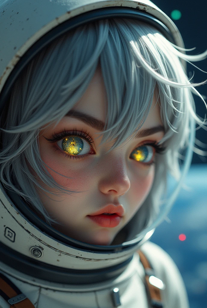 (Close-up of a better masterpiece:1.5)0.9], (Space and astronauts:1.2) (Messy silver hair:1.1) (Heterochromia xanthochromia and blue eyes:1.2) (Space Helmet:1.0) (Colored stars in the eyes:1.0) (A radiant glow:1.1) (thick lips:0.9)