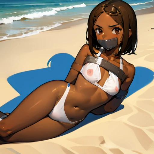 Naked Brown skinned girl on a Sunny beach wearing a tape gag, beside her is a boy, (((brown skinned girl))), ((((white skinned boy))))