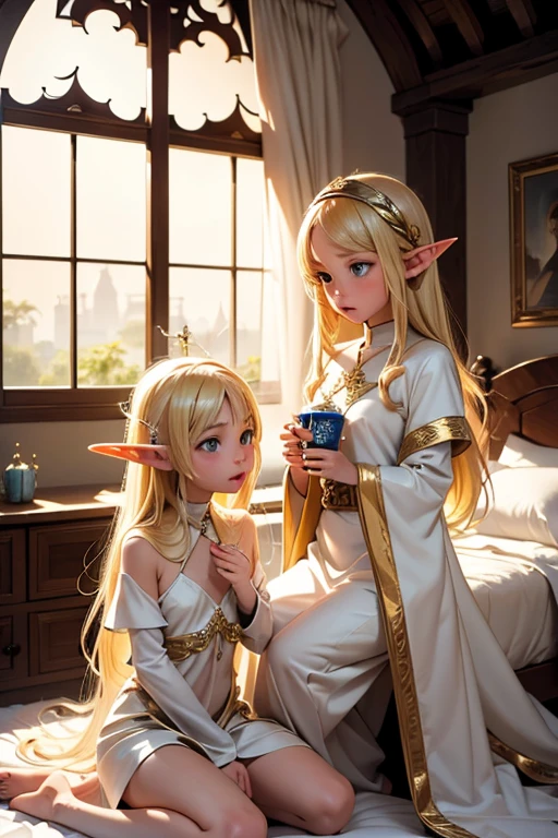 Blonde,Elf,holy water,drink,Sisters,Bedroom,night,Harem