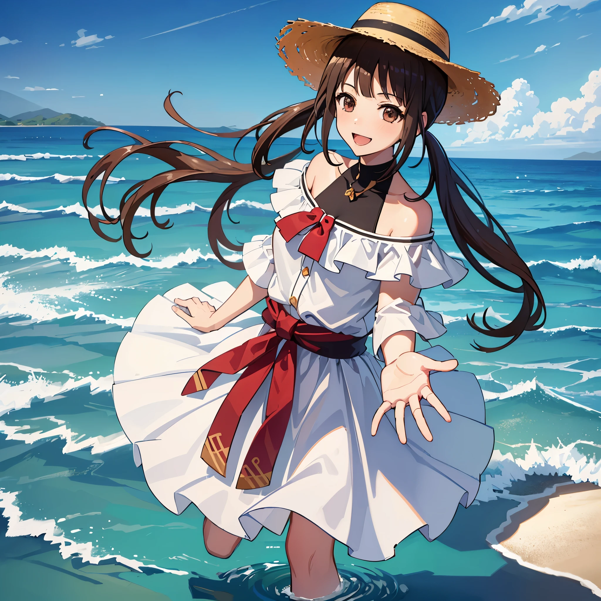 ((Highest quality,masterpiece)),(16K,Ultra-high resolution,Ultra-high resolution,Super detailed),high angle,from front,Okitasawa staring straight at the viewer on a summer evening beach in Japan,low twintails,黒いoff shoulder dress,White long skirt,open mouth,((happy smile:1.3)),red cheek,Perfect Face, Perfect Eyes,cowboy shot,Anatomically correct body,straw hat,walking on water,Splashing water effects