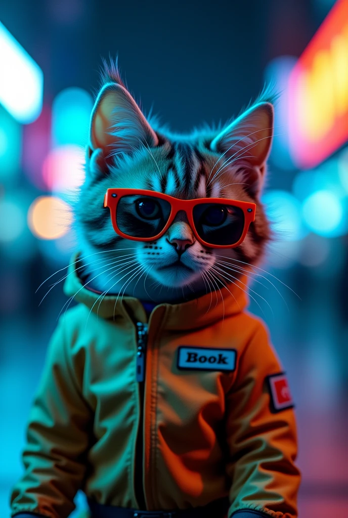 The best cell phone wallpaper, Award-Winning Wallpaper, portrait photography, In the front view is a portrait of a cute cat wearing mid-1960s space age fashion, Side view photo, Shot with Canon EOS R5, Set a strong contrast that accentuates the subject, Fluorescent blue tone, Wearing a very modern spacial raw agent mission uniform and a one hand pistol modern sunglasses 1960s style, Clothes all in one color, beautiful background blur night city, angry movement