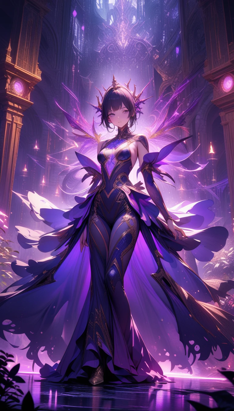 ((best quality)) , ((masterpiece)) , (detailed),A figure in a vibrant, fantasy-inspired outfit with intricate designs and accessories. A dark, mysterious setting with glowing purple lights and ethereal elements. Predominantly purple and gold with hints of blue and green, creating an enchanting atmosphere. Digital art with a detailed, immersive feel.