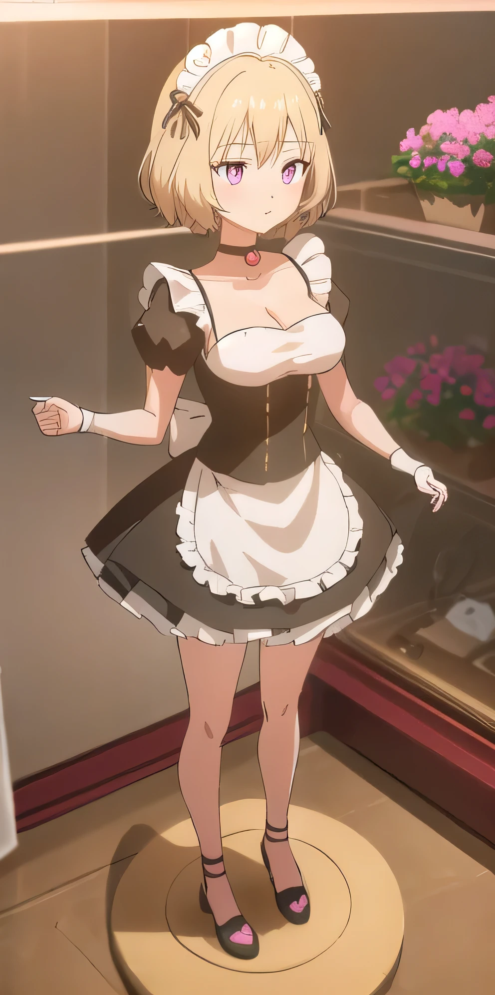 ((最high quality:1.4, High resolution:1.4, ユニティ 8k wallpaper)), (figure:0.8), (beautiful目:1.6), Highly detailed CG, Night Time, One Girl, Light blonde hair, Large Breasts, Hotel, Clear skin, (Hollow Eyes),(masterpiece), wallpaper,high resolution,Intricate details, beautiful, sexy, erotic, Obscene, Noise Reduction,Sensual,Seductive pose,Cute anime face,Black collar,high quality,Anime Style,Sexual,Shiny Hair,Expressionless,(ラブHotel:1.3),Showing cleavage,Emotionless face like a mannequin,Slightly open the mouth,Medium Short Hair,(A girl standing motionless like a living mannequin:1.4), (A girl standing upright in a glass case) , (A girl standing upright in a glass case), (A girl stands motionless in a glass case),Full body portrait,(looking away:1.2),(A girl is on display in a glass case.),(A girl on display in a glass case),Full Body Shot,((Magenta French maid outfit))),