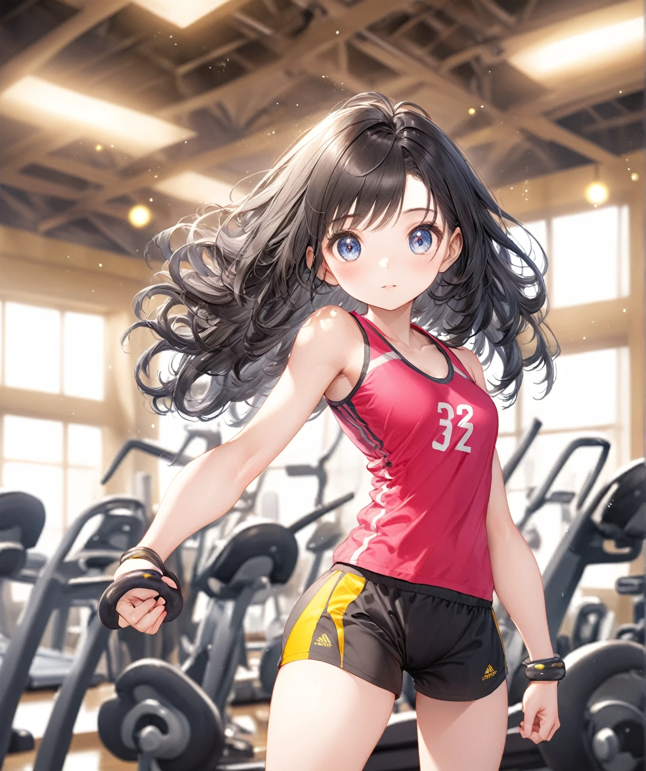 (Highest quality,8k,32K,masterpiece,Ultra-high resolution :1.2 ),born,One girl,Super cute,Natural light,Clear, shining eyes,20-year-old,Fair skin,A fantasy background of a digital gym,Black Hair,