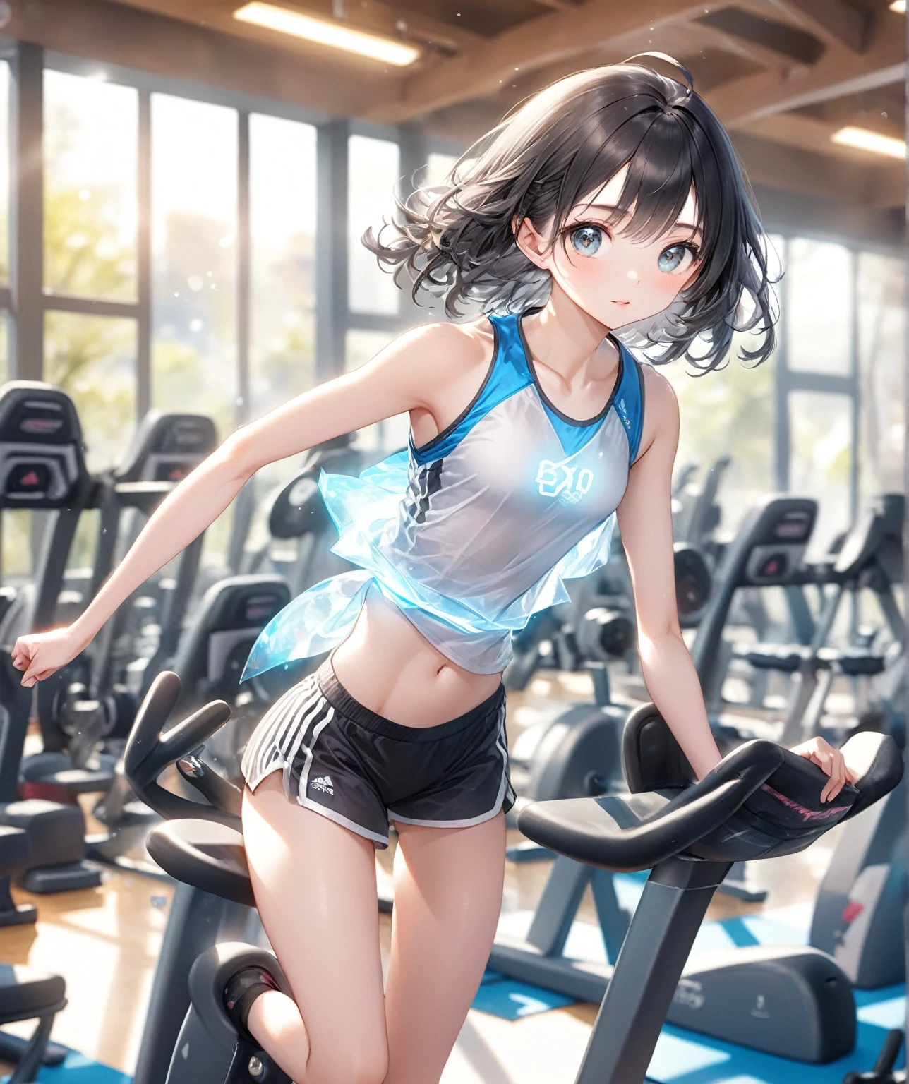 (Highest quality,8k,32K,masterpiece,Ultra-high resolution :1.2 ),born,One girl,Super cute,Natural light,Clear, shining eyes,20-year-old,Fair skin,A fantasy background of a digital gym,Black Hair,