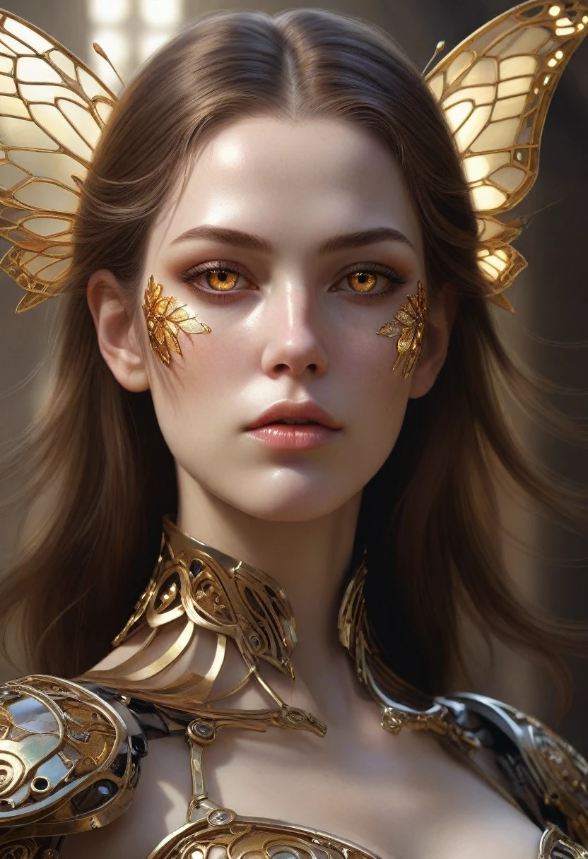 Portrait of a beautiful cyborg with brown hair 8k, Intricate, elegant, Very detailed, majestic, digital photography, art by artgerm and Ruan Jia and Greg Rutkowski, surreal painting, Golden butterfly filigree, broken glass, (masterpiece, side light, beautiful and delicate eyes: 1.2), human development report