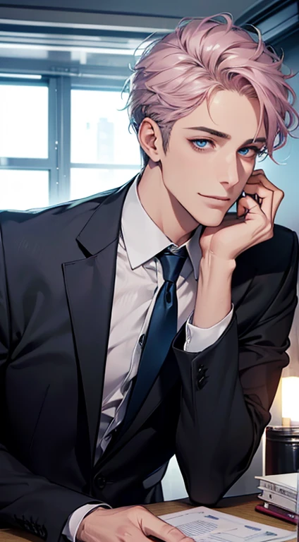(Highest quality,4K,8K,High resolution,masterpiece:1.2),Super detailed,(Realistic,photoRealistic,photo-Realistic:1.37),1 person,31 years old,Mature Men,Beautiful skin、Profile、very handsome,Expressionless,smile,Short gray pink hair,blue eyes,Sharp Eyes,A perfect face without a doubt,Businessman,Office Background,Cinema Lighting,HDR image,tie、