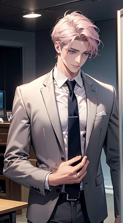 (Highest quality,4K,8K,High resolution,masterpiece:1.2),Super detailed,(Realistic,photoRealistic,photo-Realistic:1.37),1 person,31 years old,Mature Men,Beautiful skin、Profile、very handsome,Expressionless,smile,Short gray pink hair,blue eyes,Sharp Eyes,A perfect face without a doubt,Businessman,Office Background,Cinema Lighting,HDR image,tie、