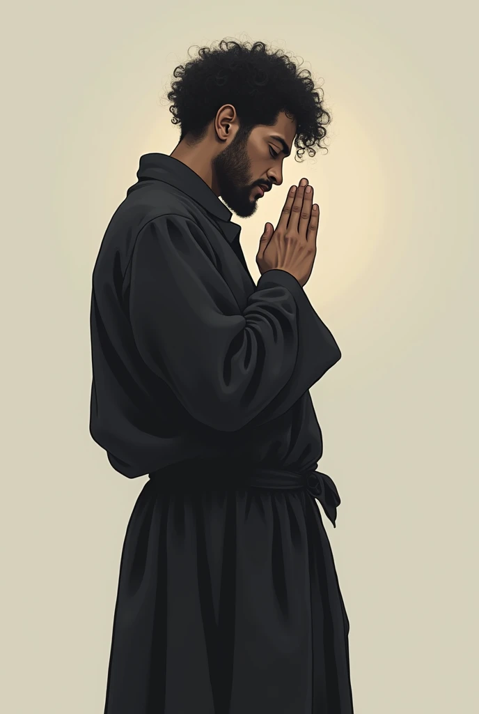 Homen black, facing the front, head down, small curly hair, making a prayer gesture with just your hand, black leagwear , beardless man, drawing style: Maturemalemix