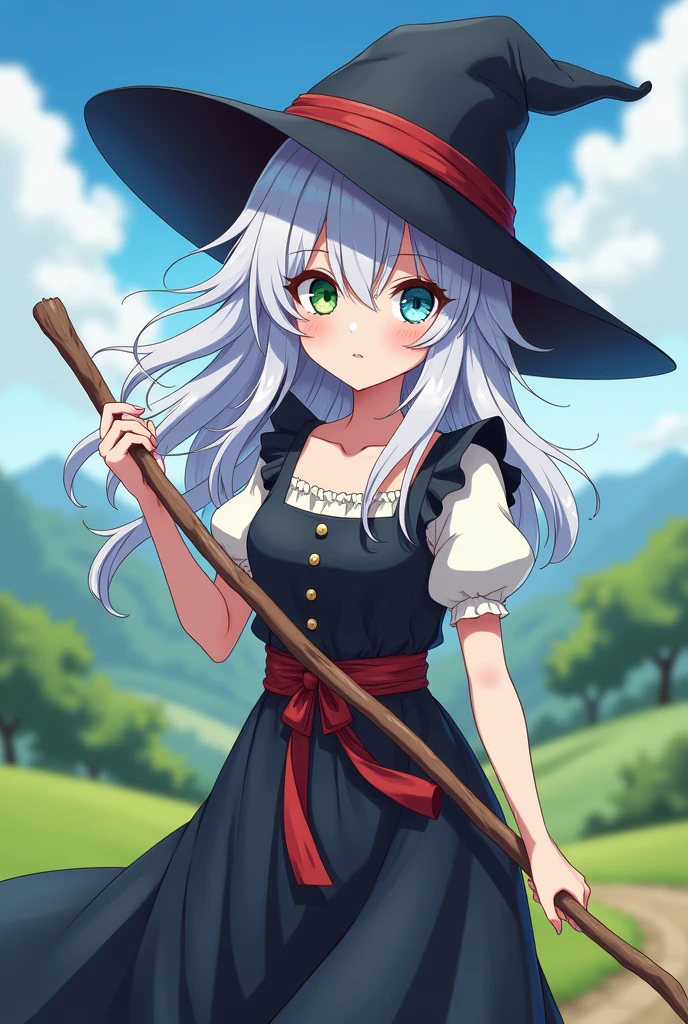  anime witch in peasant outfit white hair color with red highlights one green eye and the other blue holding a staff