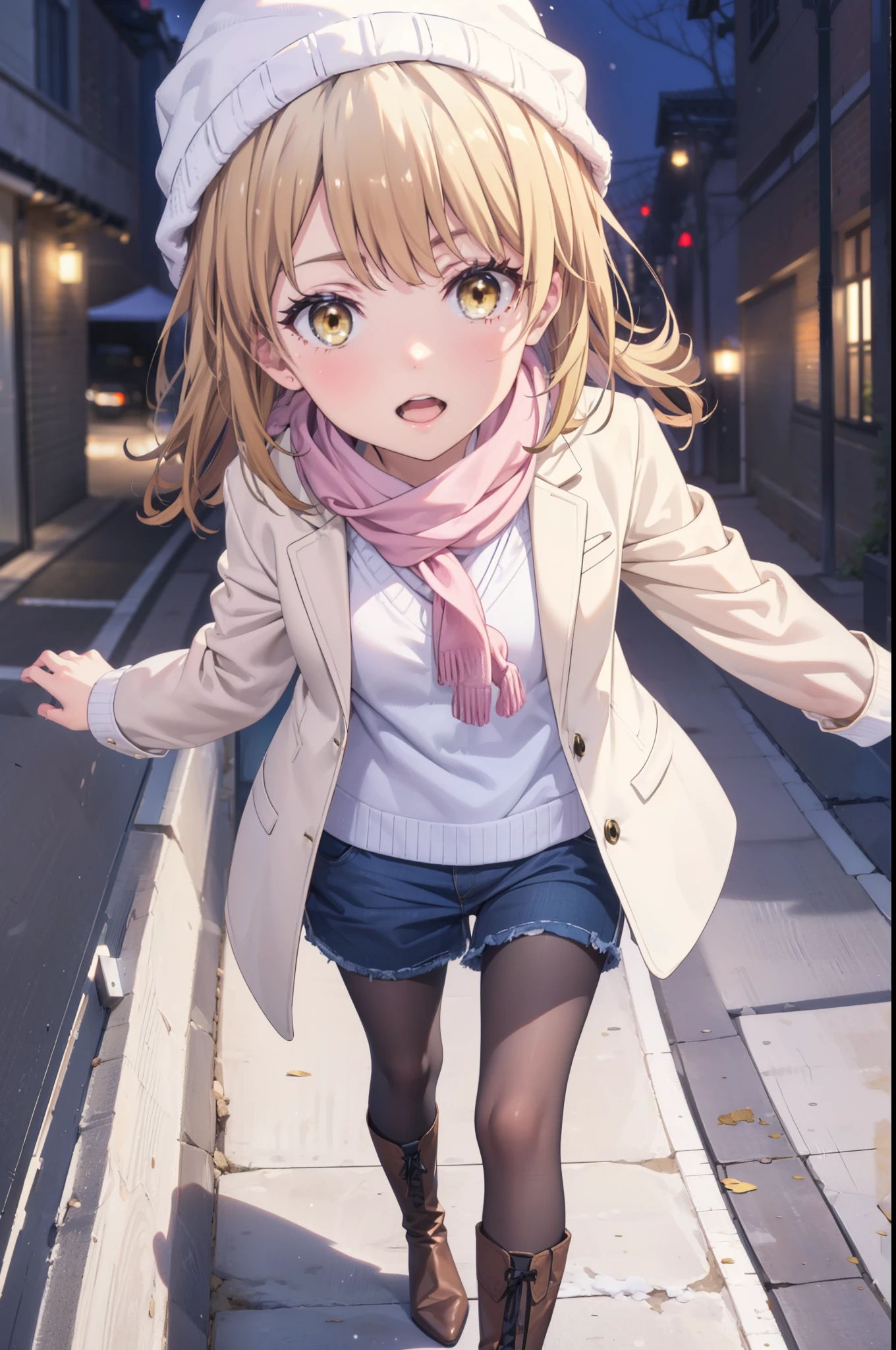 Irohaisshiki, isshiki iroha, Long Hair, Brown Hair, (Brown eyes:1.5), smile,Open your mouth,White Breath,low twin tail,Knitted hat,White scarf,Yellow long coat Open front,Pink v-neck sweater,Short denim,Black pantyhose,short boots,Walking,snowが降っている,snowが積もっている,moon,night,snow,snow,snow,snow,whole bodyがイラストに入るように, break outdoors, Building district,
break looking at viewer,whole body,
break (masterpiece:1.2), Highest quality, High resolution, unity 8k wallpaper, (figure:0.8), (Beautiful attention to detail:1.6), Highly detailed face, Perfect lighting, Highly detailed CG, (Perfect hands, Perfect Anatomy),