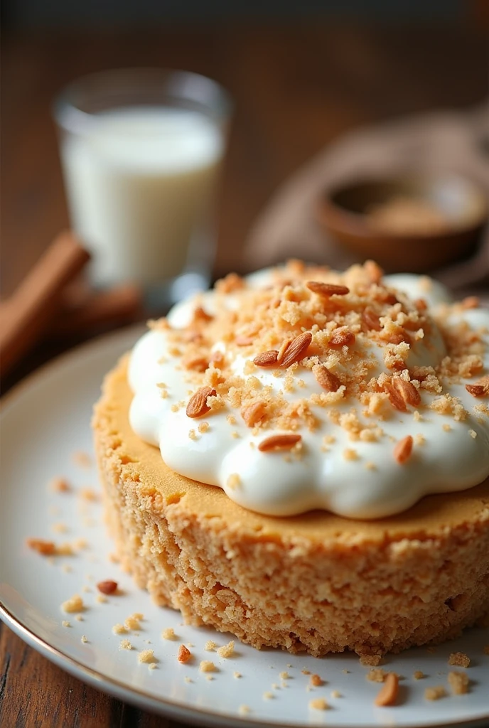 grated coconut pie with white ganche ,sprinkled with nest milk, cinnamon bark ,best photo ,