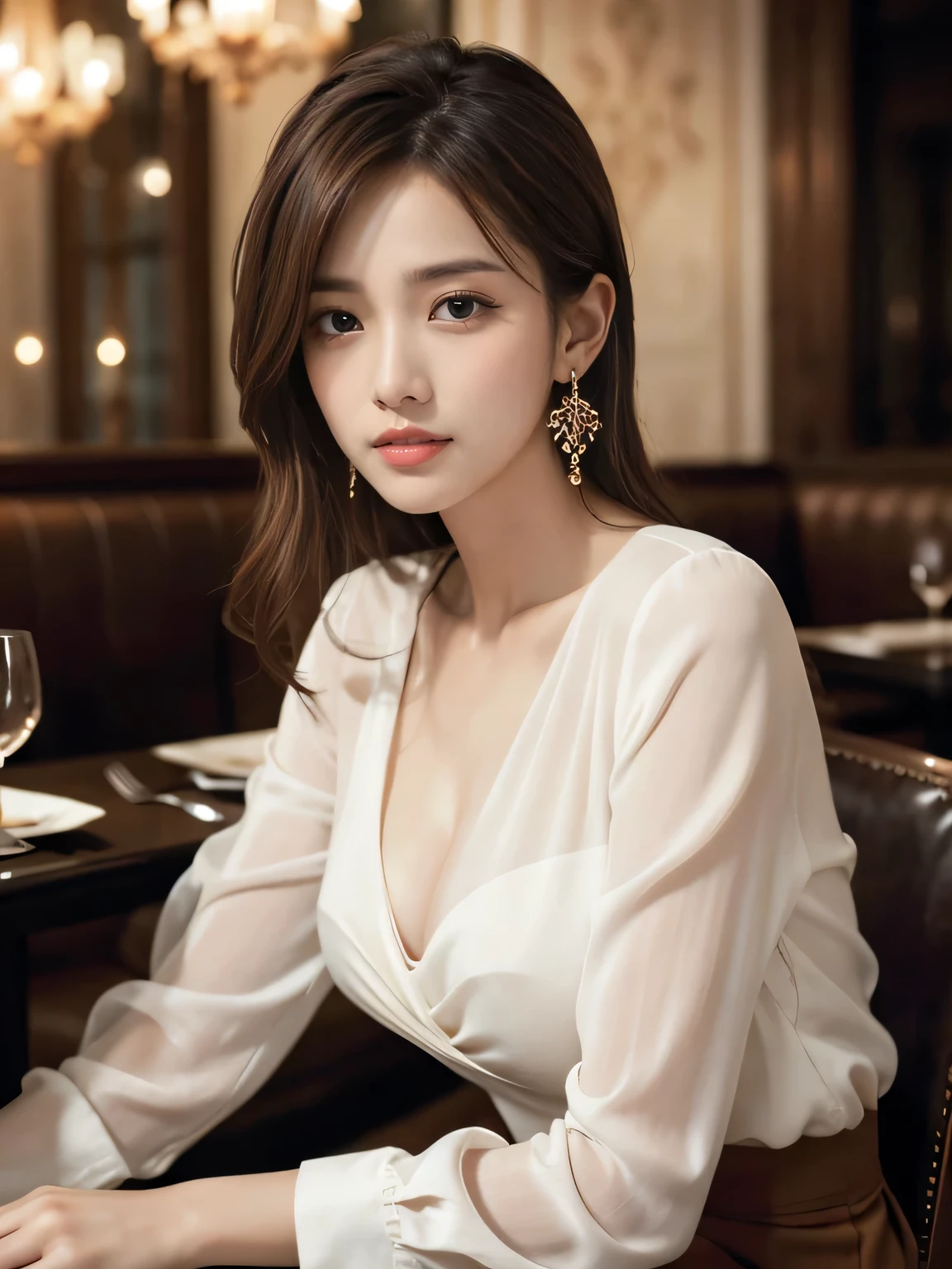 masterpiece, Highest quality, Realistic, Very detailed, Finer details, High resolution, 8k wallpaper, One beautiful woman, Wear a beautiful pearl white silk shirt, In a great restaurant, At night, Light brown messy hair, Perfect dynamic composition, Beautiful and beautiful eyes、Big earrings、chest、Sleeveless shirt、