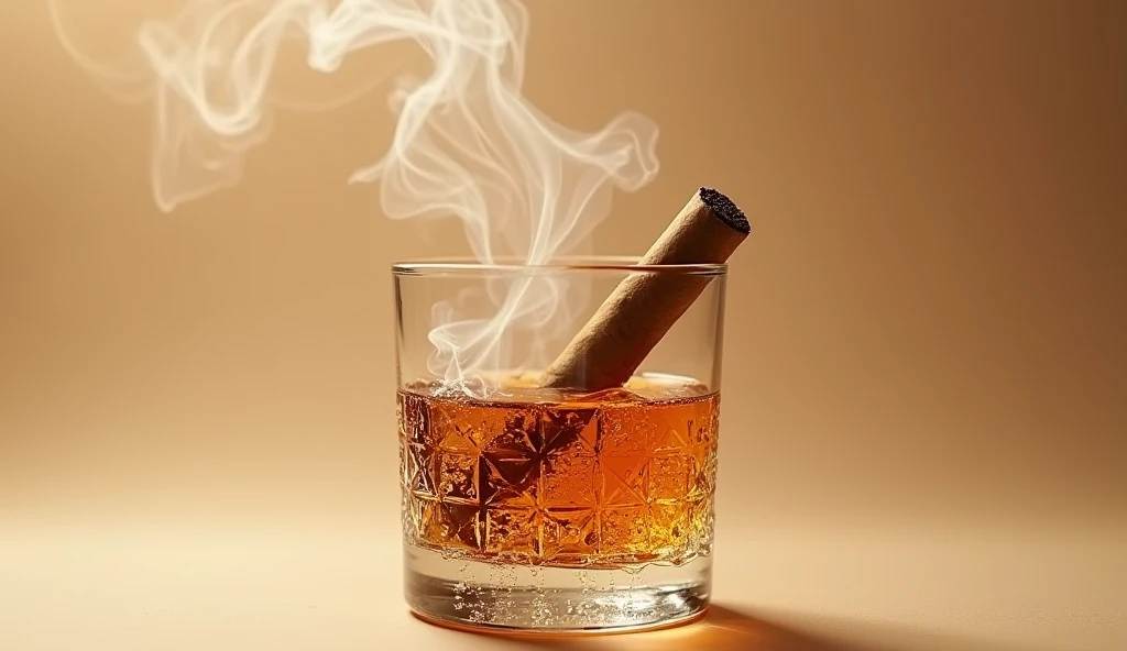 short glass of wiskeywith many details  with brown tabaco horizontal with smoke in a beige background in the air with many cristal details in the glass and even more details