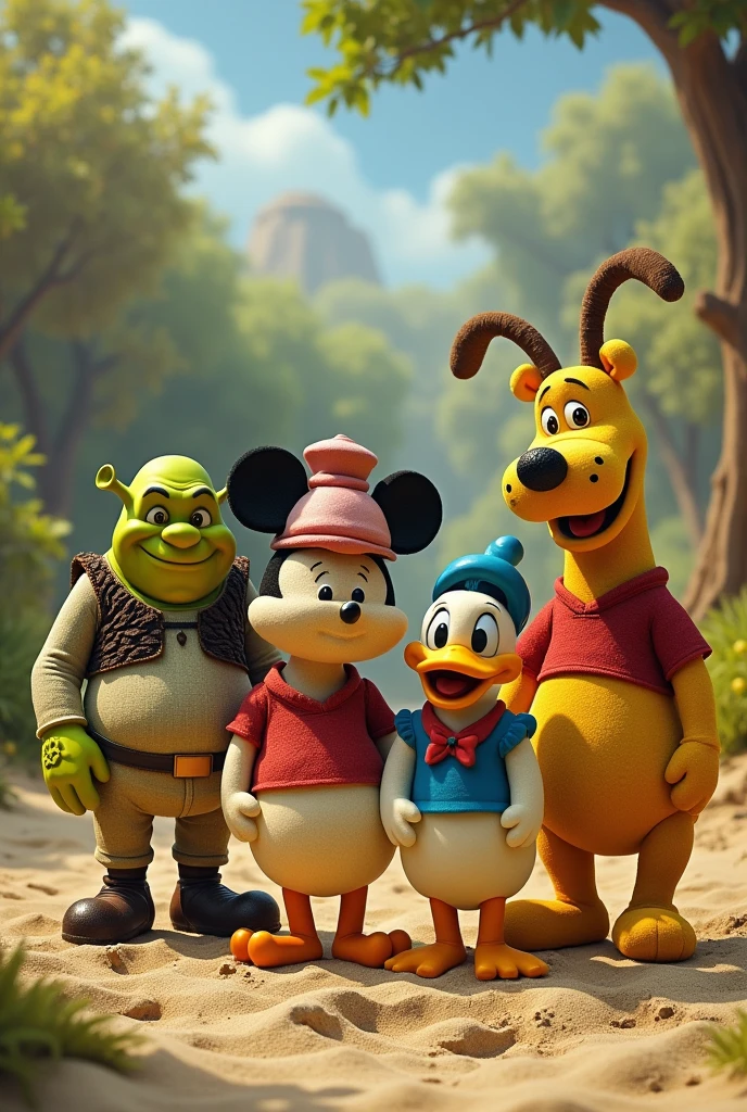 shrek, mickey mouse, donald duck, winnie the pooh and goofy having fruit sando