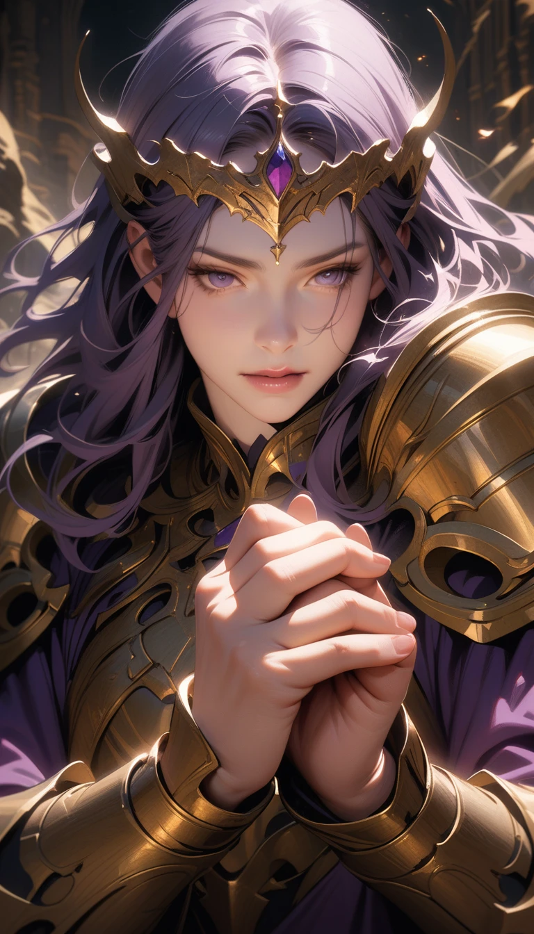 ((best quality)) , ((masterpiece)) , (detailed),a man in white and gold armor is holding up his hands, in the style of dark purple and green, realistic yet fantastical, light blue-purple, animated illustrations, dark purple, detailed