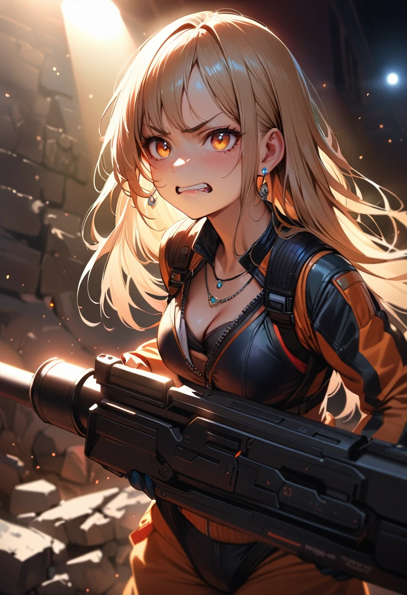 masterpiece, Highest quality, (((Ruined battlefield)))、(((Angry Face)))、Raising awareness, Large firearms, プラチナEarrings, Platinum Necklace, Black bikini combat suit,Carrying a weapon, One Girl, cute, (Dynamic Lighting:1.2), Cinema Lighting, Delicate facial features, Detailed eyes, Sharp pupils, Realistic student, Written boundary depth, ボケ Written boundary depth, Sharp focus, (Very detailed, bloom, Shine:1.4), Lots of little gems, (((long_hair))),　Twin tails、Earrings、分けた前hair、銀hair、whole body、Ultra close-up footage、The top is transparent up to the chest.、See-through design。The bottoms are a very short navy blue pleated skirt.、Fits snugly around the waist。The background is simple white.、this、The text is easier to see.。The light source is a soft light from the front....、The overall atmosphere is bright and clean....。
