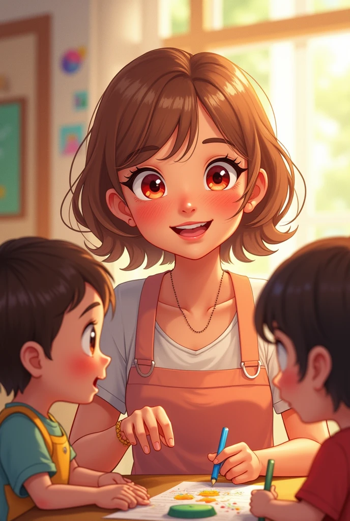 Happy and loving teacher playing with preschool children together, The teacher with short shoulder-length light brown red hair with red and honey-colored eyes