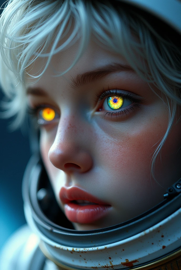 (Close-up of a better masterpiece:1.5)0.9], (Space and astronauts:1.2) (Messy silver hair:1.1) (Heterochromia xanthochromia and blue eyes:1.2) (Space Helmet:1.0) (Colored stars in the eyes:1.0) (A radiant glow:1.1) (thick lips:0.9)