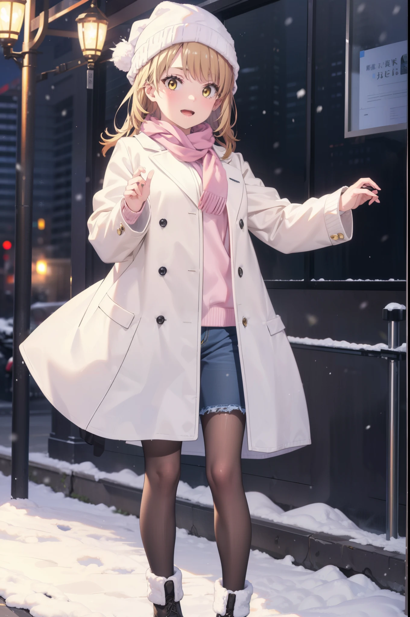Irohaisshiki, isshiki iroha, Long Hair, Brown Hair, (Brown eyes:1.5), smile,Open your mouth,White Breath,low twin tail,Knitted hat,White scarf,Yellow long coat Open front,Pink v-neck sweater,Short denim,Black pantyhose,short boots,Walking,snowが降っている,snowが積もっている,moon,night,snow,snow,snow,snow,whole bodyがイラストに入るように, break outdoors, Building district,
break looking at viewer,whole body,
break (masterpiece:1.2), Highest quality, High resolution, unity 8k wallpaper, (figure:0.8), (Beautiful attention to detail:1.6), Highly detailed face, Perfect lighting, Highly detailed CG, (Perfect hands, Perfect Anatomy),