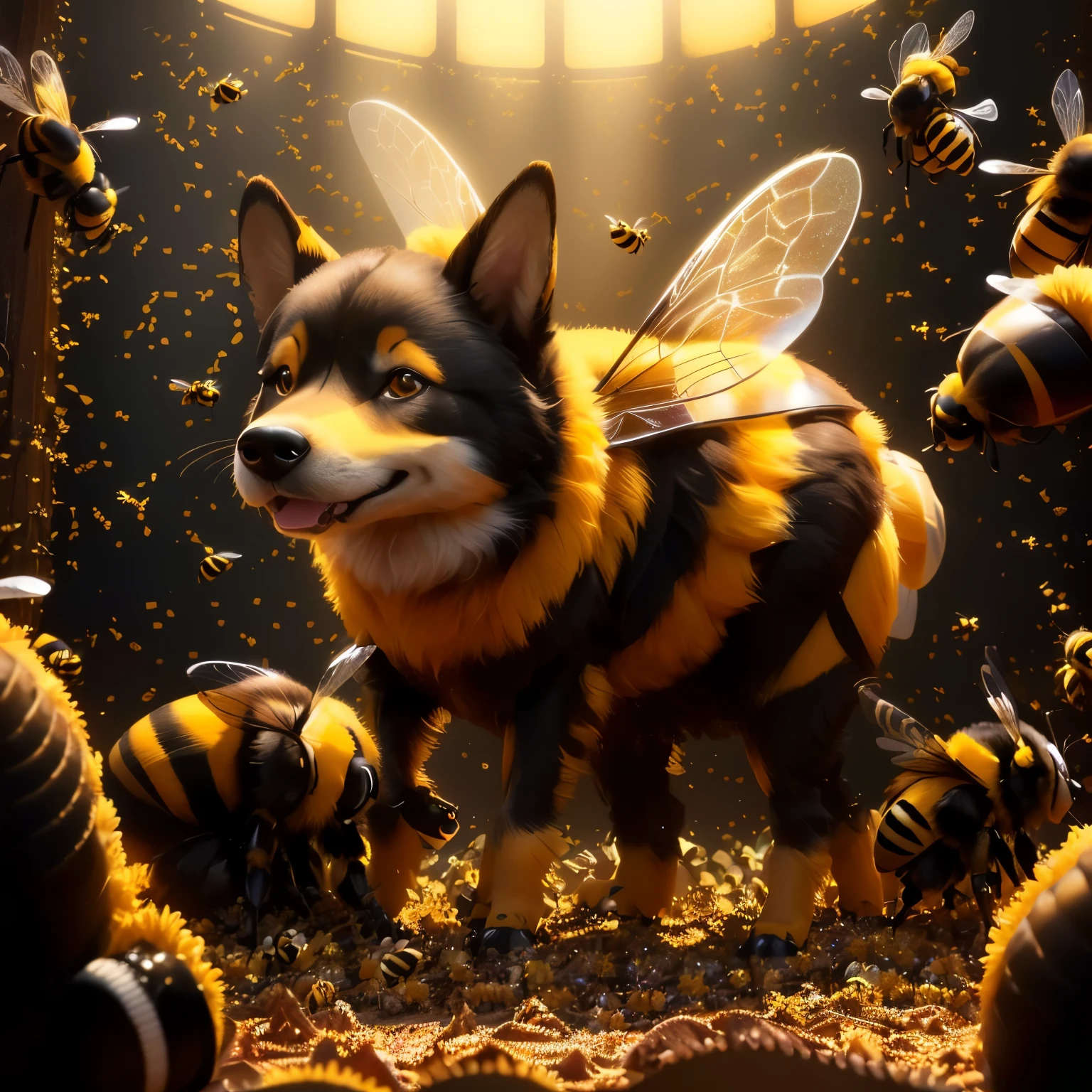 a close up of a dog with a bee on its back, bee movie, (bee), based on bumblebee, 3 d bee, bumblebee, 动画Movie剧照, 3D动画Movie, cartoon, made of bees, big bee, human structure bee concept art, bees, 动画Movie场景, Dōjin works, cartoon still, maya bee, Official Art, Movie