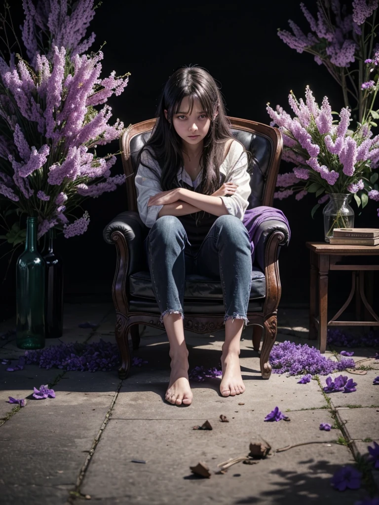 It should be a black background where the protagonist looks somewhat distressed and sad while she is surrounded by violet flowers., and on the floor there are some bottles lying around and some of them have dirt inside and in the distance you can see an armchair
