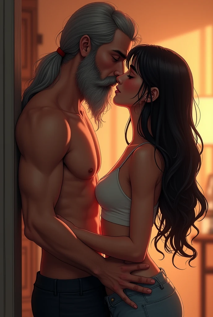 A cute 15 year old girl with long black locks kissing a 34 year old man with a long gray beard mouths touching with her hand done his pants