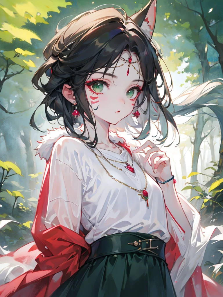 mj3d style,3dmm,3d,(masterpiece, Highest quality:1.1), Ghibli style, Mr. Miss. (mononoke hime), One fox-eared mature woman, 20-year-old、Bracelet, bangs, Black Hair, black undershirt, chest, Cape, Circlet, Earrings, Face Paint, Floating Hair, forest, fur Cape, Green Eyes, jewelry, View your viewers, medium chest, nature, necklace, Outdoor, parted bangs, shirt, short hair, No sleeve, No sleeve shirt, alone, tooth necklace, wood, Upper Body, white shirt