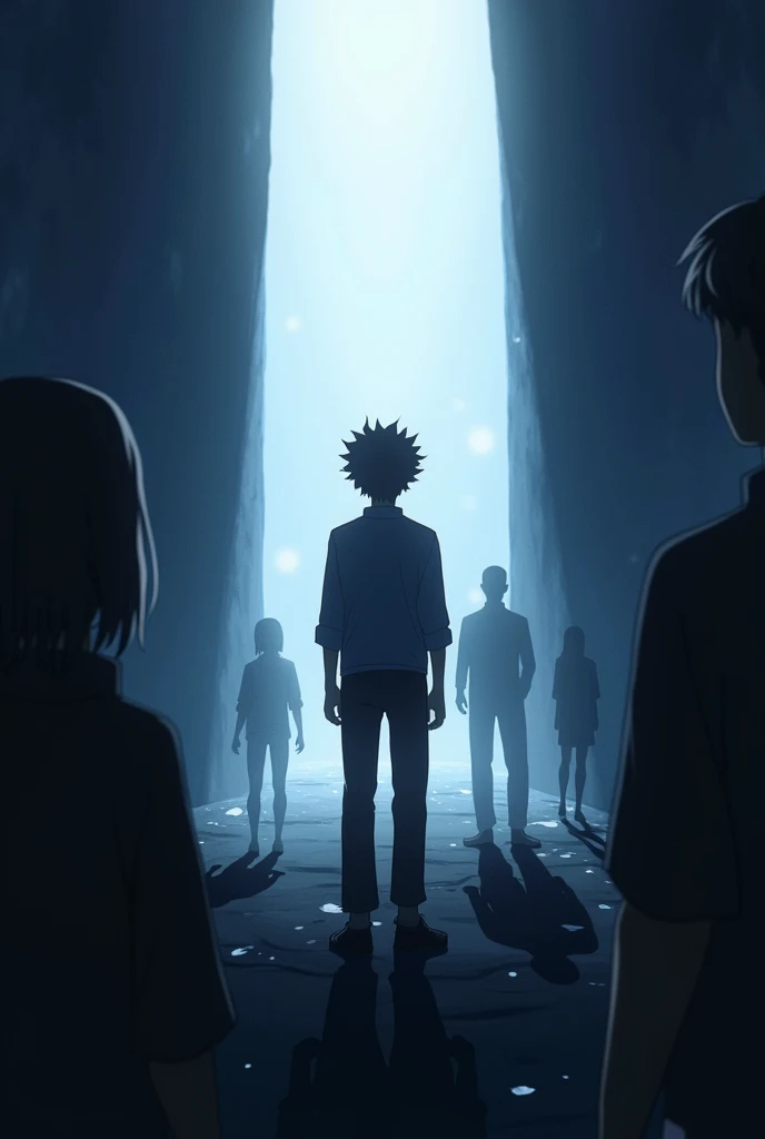 anime style, A person has to be a man who is caught in the glare of light with silhouettes of shadows and other people in the background
