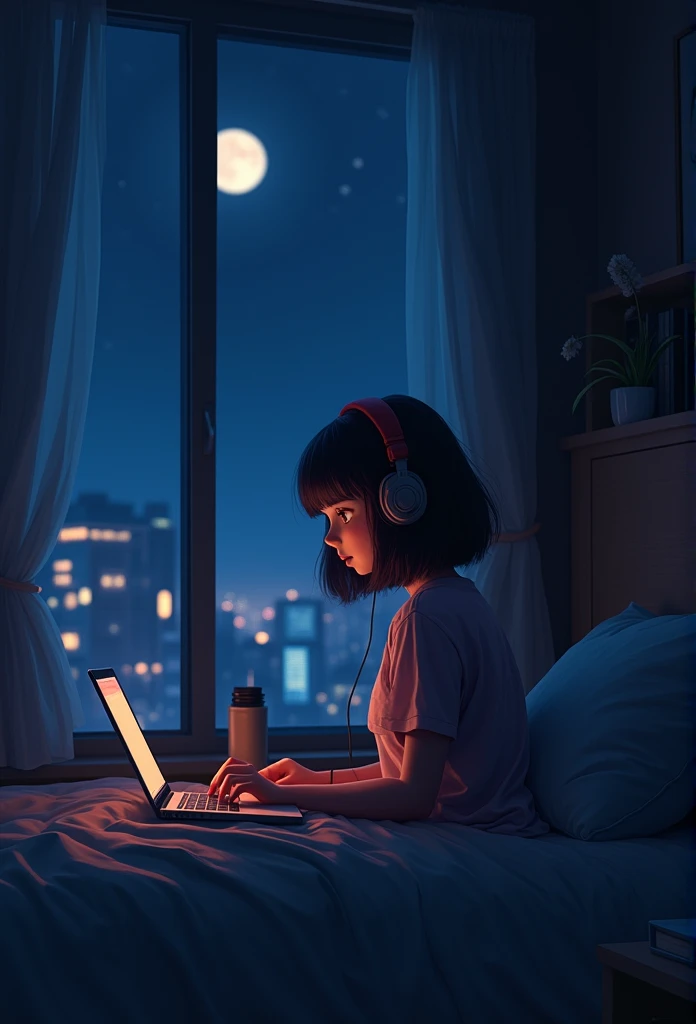 night、Girl listening to music in a cozy room, Using headphones, 2D-style animation, Lo-Fi, hard disk, Dark Environment
